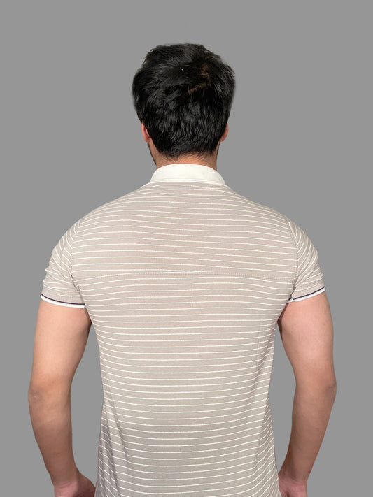 Men’s Beige Striped Contrast Collar T-Shirt – Stylish & Comfortable