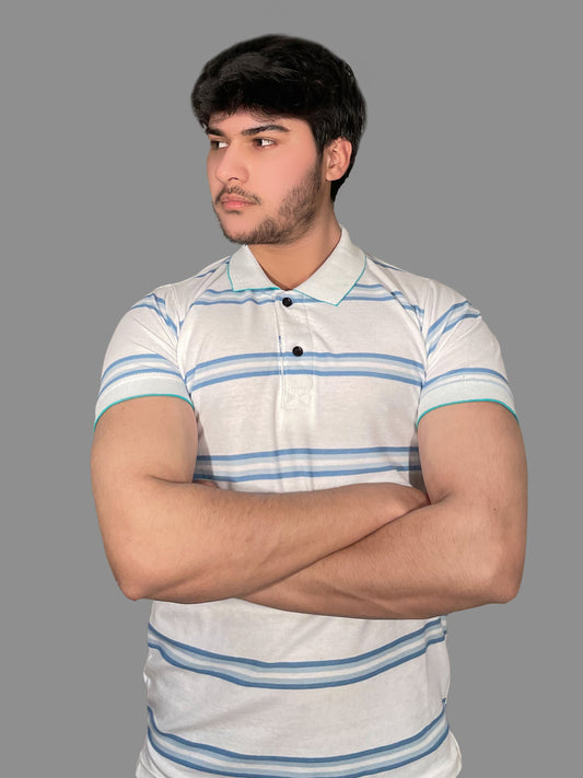 Men’s Off-White & Blue Striped Collar T-Shirt – Classic Comfort & Style